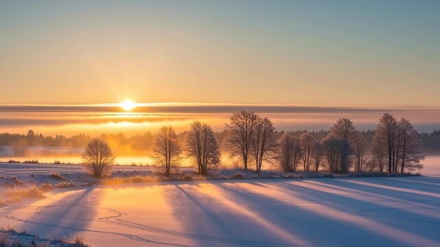 Serene Winter Sunrise Over Snow-Covered Fields and Bare Trees with Mist and Soft Light, Celebrating Imbolc and the Transition to Spring