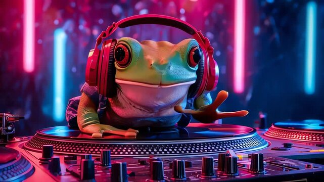 Frog DJ wearing red headphones spinning music at a neon club