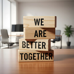 Stack of wooden blocks with text we are better together on office desk background