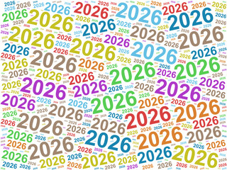 Fototapeta premium Colorful typographic pattern featuring repeated number 2026 in various sizes and colors