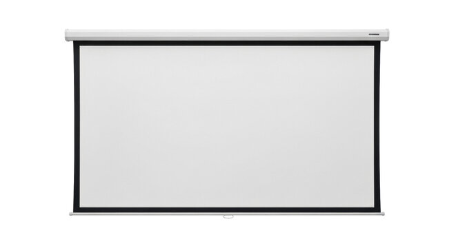 Projector screen PNG isolated on transparent background, blank retractable display for presentations and home theater use