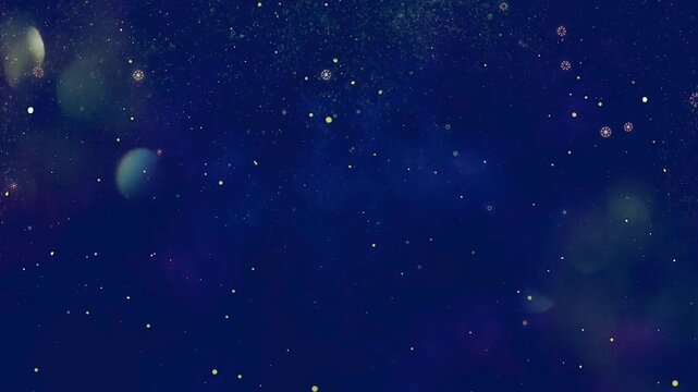 Abstract Night Sky with Falling Snowflakes and Bokeh Lights