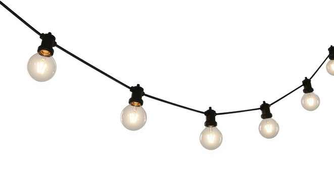 String lights PNG isolated on transparent background, decorative outdoor lighting for parties and events, festive garland with round bulbs