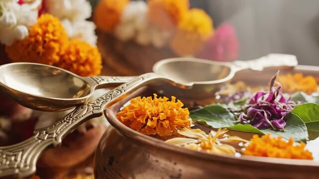 Traditional Diwali celebration with vibrant offerings in decorated vessel adorned with marigold flowers and sacred leaves. Diwali festivities include rituals and prayers,