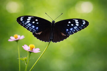 Fototapeta premium Close up of a female Great Eggfly butterfly (Hypolimnas bolina), also known as the Common Eggfly or Blue Moon butterfly perched on a small pink flower