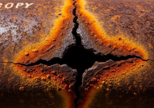 Extreme close-up of a rusted industrial pipe showing severe degradation and a deep structural stress crack forming in the metal surface, weathered, extreme close up, detail