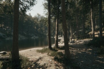 Fototapeta premium Tranquil forest path by a calm river