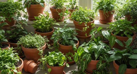 Fototapeta premium Collection Of Lush Green Indoor Plants In Terracotta Pots On A Sunny Windowsill