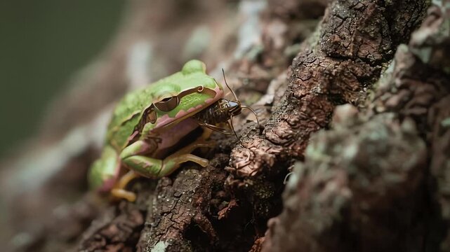 Green Tree Frog Eating Bug on Tree Bark