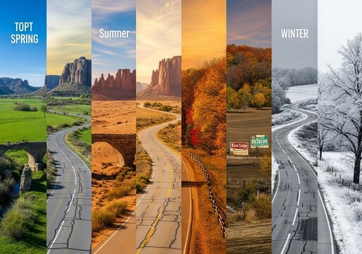 Drone view of a timeless rural highway, stretching across diverse landscapes and marking the passage of historical epochs and seasons, asphalt, generations, ancient