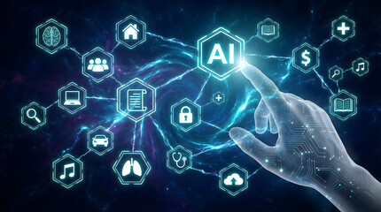 Glowing digital hand touches Artificial Intelligence AI icon with connected technology symbols on a dark abstract background