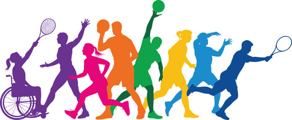 Naklejka premium Inclusive sports diversity concept with colorful athlete silhouettes including wheelchair users