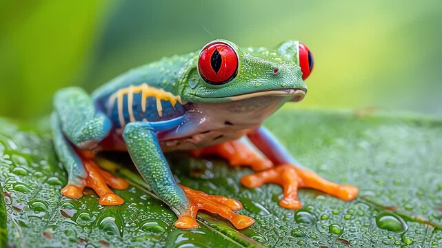 Vibrant Red Eyed Tree Frog on Wet Leaf Close Up Rainforest Wildlife