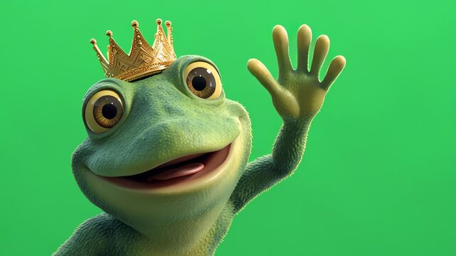Cute Frog King Waving on Green Screen Happy 3D Character