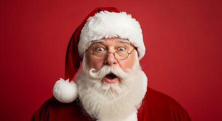 Portrait du P&egrave;re No&euml;l &eacute;tonn&eacute; bouche b&eacute;e exprimant choc et stup&eacute;faction sur fond de studio rouge cramoisi vibrant avec costume de f&ecirc;te traditionnel et barbe blanche