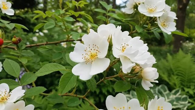 Delicate white rose blossoms are blooming gracefully in a lush green garden during the daytime.
