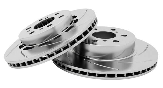Pair of silver car brake discs isolated PNG, high-performance auto parts for braking system and vehicle maintenance