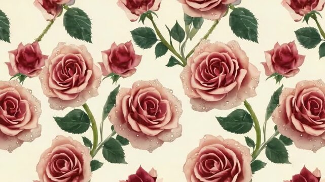 Beautiful pink roses with dew drops on seamless pattern