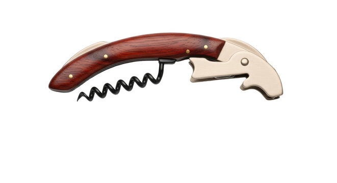 Wing corkscrew with wooden handle isolated PNG, sommelier knife bottle opener for wine tasting and bar use on transparent background