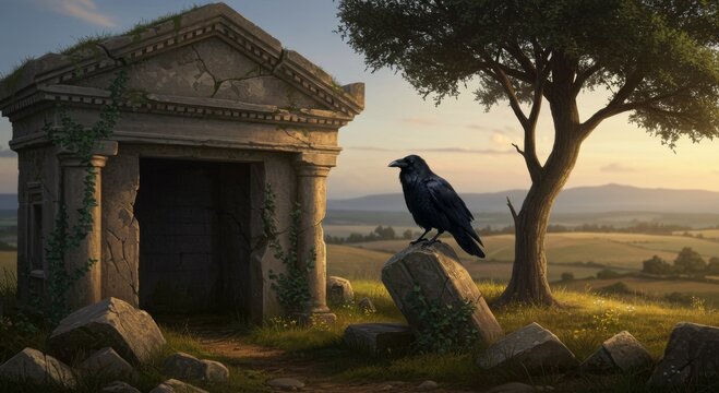 Raven Perched on Stone near Ancient Ruins at Sunset