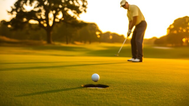 Golfer putting ball on green golf course at sunset
