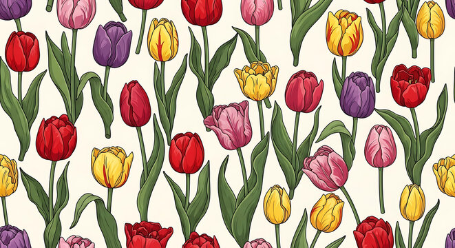 Vibrant seamless pattern featuring a dense arrangement of colorful tulip blossom and green leaf, artistic botanical floral background generated by artificial intelligence technology