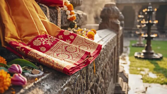 Traditional Indian wedding attire with vibrant red and gold sari draped on stone altar surrounded by floral decorations, symbolizing devotion and cultural richness, perfect for religious celebrations.