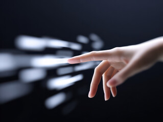 Finger swiping through abstract digital panels with glowing light effects dark background, symbolizing technology interaction