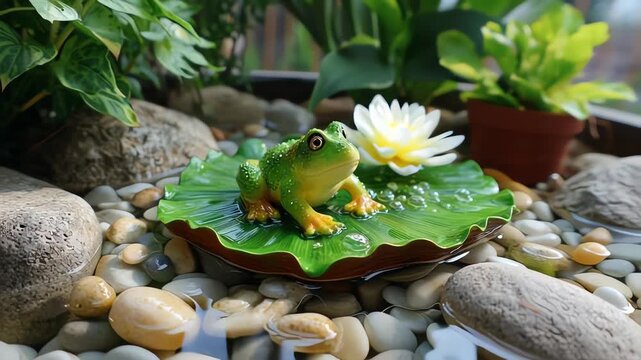Decorative Green Frog Figurine on a Lily Pad in a Miniature Pond