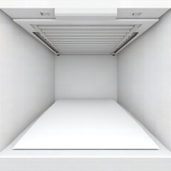 An empty white storage container with a slatted ceiling and wooden walls viewed from the open end