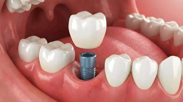 3D Dental Implant Procedure Illustration with Prosthetic Tooth