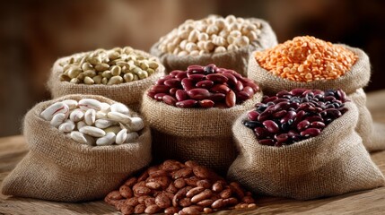 Fototapeta premium Variety of beans and lentils in burlap sacks are beautifully arranged on a wooden table, showcasing earthy tones and textures. This vibrant display invites culinary creativity