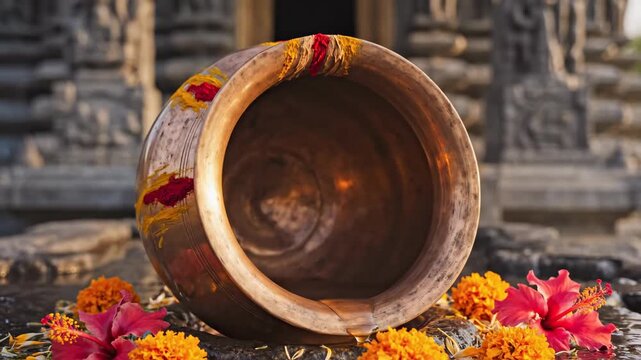 Traditional ceremonial bowl surrounded by marigold flowers on temple background. Decorative bowl features vibrant colors with floral patterns,