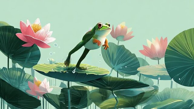 Cartoon Frog Jumping on Lily Pads with Lotus Flowers Illustration