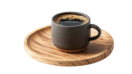 Dark coffee in a rustic mug on a wooden tray, isolated on black