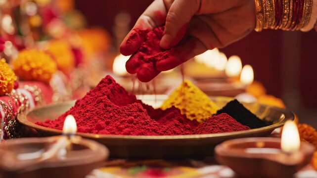 Vibrant colors used in Diwali celebration with hand applying red powder on yellow and black piles in traditional setup. Colorful elements create festive atmosphere during Diwali festival rites.