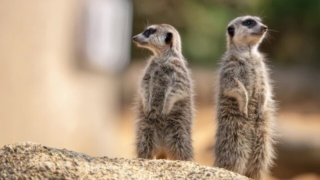 meerkats, standing meerkats, pair of meerkats, sentry behavior, alert animals, small mammals, wildlife, safari, African fauna, curious gaze, upright posture, nature, zoo animal, sandy habitat