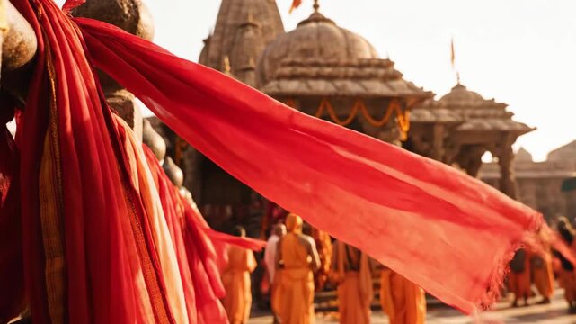 Hindu ceremony with vibrant red cloth flowing at temple during festive gathering. The scene includes devotees dressed in traditional attire engaging in rituals,