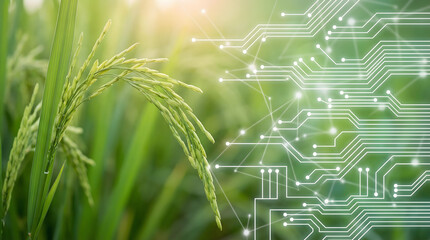 Green rice grains in a sunny field with a glowing circuit board pattern symbolizing smart agriculture and the future of farming technology