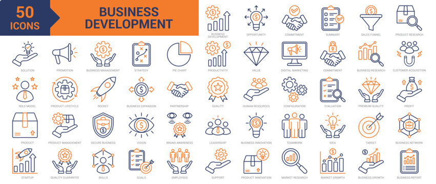 Business Development colored line icon collection set. Containing promotion, business management, strategy, efficiency, productivity, value, online marketing, commitment, partnership icons