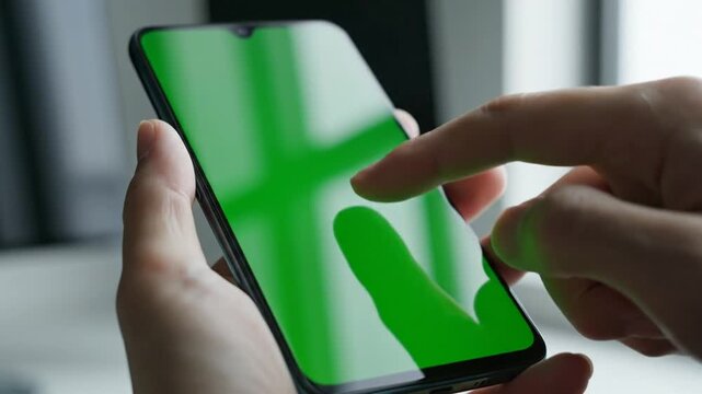 Person's hand interacting with a smartphone featuring a green screen for custom content.