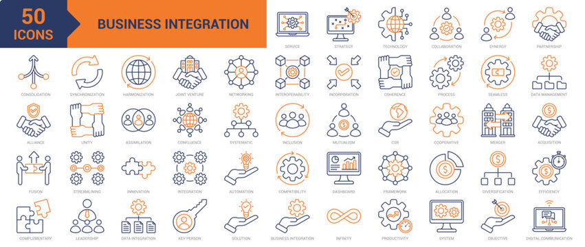 Business Integration colored line icon collection set. Containing strategy, technology, collaboration, synergy, partnership, consolidation, alliance, fusion, complementary, synchronization icons