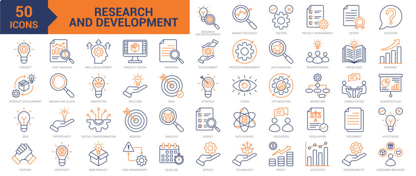 Research and Development colored line icon collection set. Containing research, development, testing, new product, workflow, patent, concept, product development, innovation, idea, survey icons