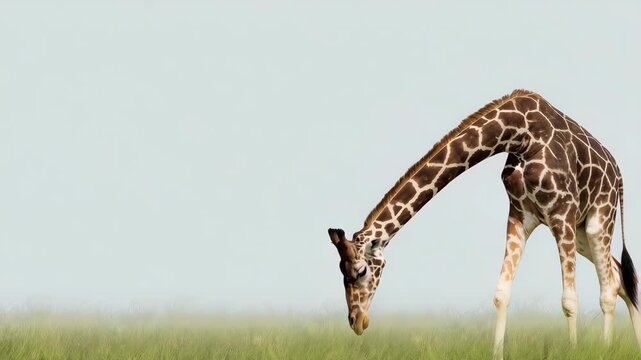 banner of a giraffe positioned on left third of frame while grazing, wide grassy habitat behind with large clean neutral copy space on right, calm pose with head  4KK