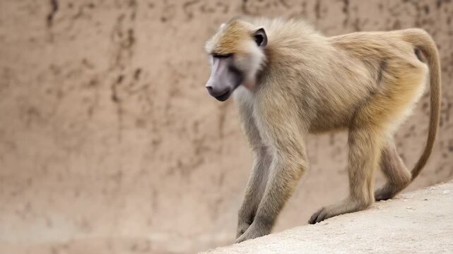 a yellow baboon positioned on left third while walking calmly in enclosure, wide earthy habitat behind with large clean  4K