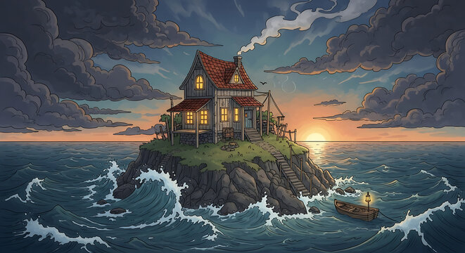 Charming tiny cottage nestled on solitary islet amidst vast blue ocean waters, whimsical coastal architectural illustration featuring secluded dwelling within tranquil marine landscape setting