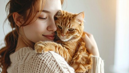 Fototapeta na wymiar close up image of girl hugging orange cat