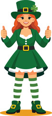 Female St Patrick Character Thumbs Up Gesture Full Body Flat Vector Illustration featuring Woman in Traditional Saint Patrick Attire with Approval Sign for Irish Holiday
