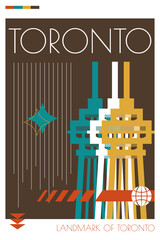 Obraz premium Toronto landmark poster in retro futurism style. Vintage printable vector cover, postcard, illustration. Futuristic, halftone Canada city art with iconic monument, building