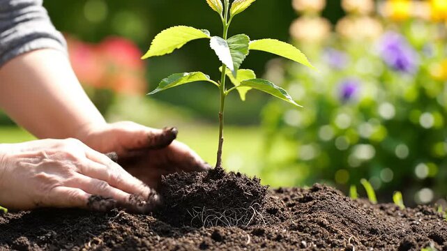 Close up of hands planting a small green sapling into dark soil symbolizing hope, recovery, and life renewal during cancer day awareness.